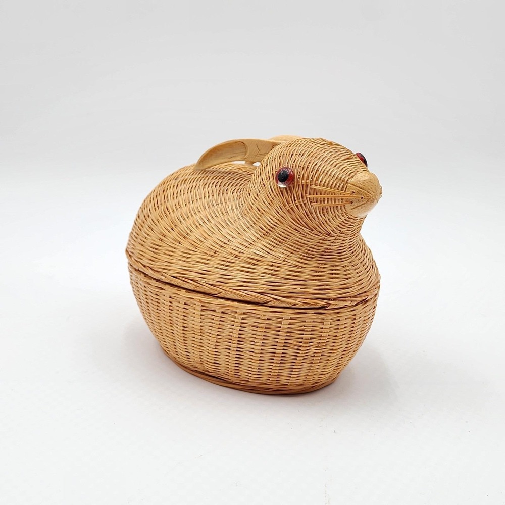 Vintage Woven Rattan Bunny Storage Basket 1980s Lidded Wicker Figural Rabbit Box